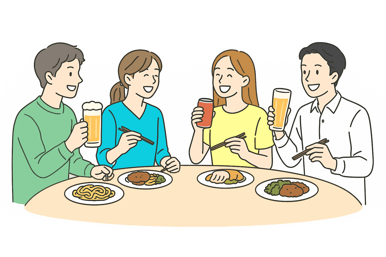 4人がテーブルを囲んで会話している様子